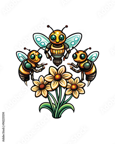 Three robot bees pollinating mechanical flowers.