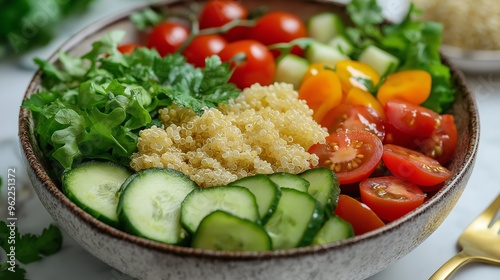 A vibrant salad bowl filled with avocado, cherry tomatoes, mixed greens, cucumber, and quinoa on a white marble table with a gold fork