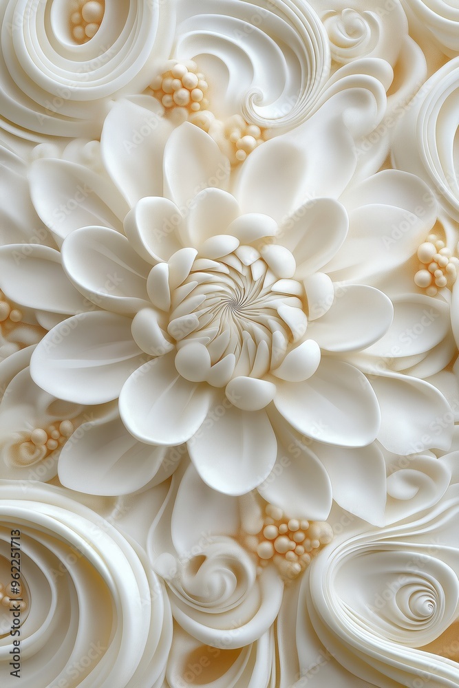 A stylized white flower composed of swirling petals and soft textures, creating an intricate and delicate design A stylized white flower composed of swirling petals and soft textures, creating an intricate and delicate design