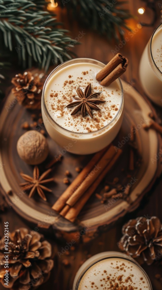 Glass of milk with cinnamon and anise on it Glass of milk with cinnamon and anise on it