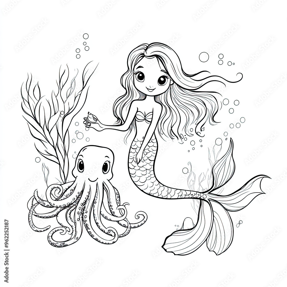 Beautiful Octopus Coloring Page, Marine Animal Colouring Design for Your Corporate Books and Business Graphic Resource or Creative Project, Ai Generative