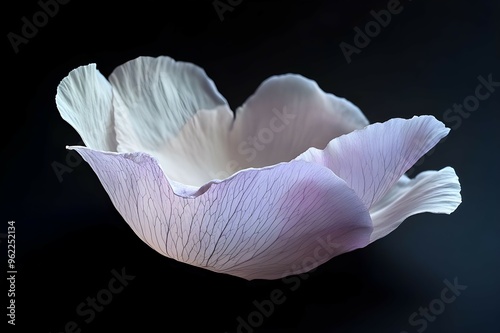 Closeup of a milky, silky petal with pastel hues against a deep black background.