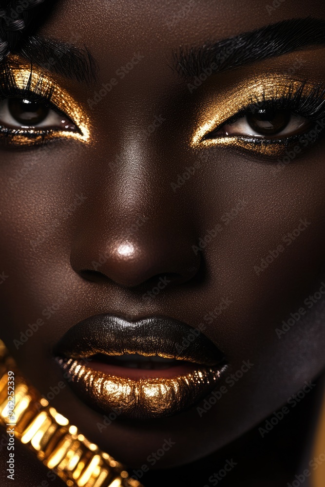 Fototapeta premium African American Eyelash Models. Gold Luxury Beauty: Young Black Woman with Exceptional Jewelry and Flawless Make-up