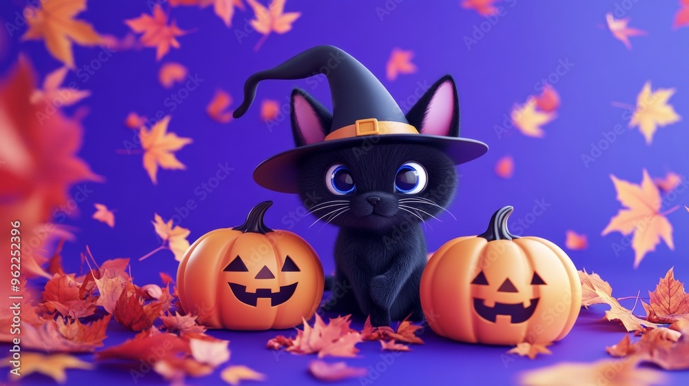 Background for Halloween cute black cat with pumpkin, in a witch's hat, autumn maple foliage. purple background he style features soft colors and cartoon illustrations Background for Halloween cute black cat with pumpkin, in a witch's hat, autumn maple foliage. purple background he style features soft colors and cartoon illustrations