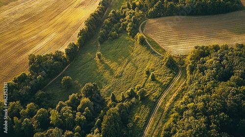  An aerial view of a winding country road surrounded by trees on either side in a field