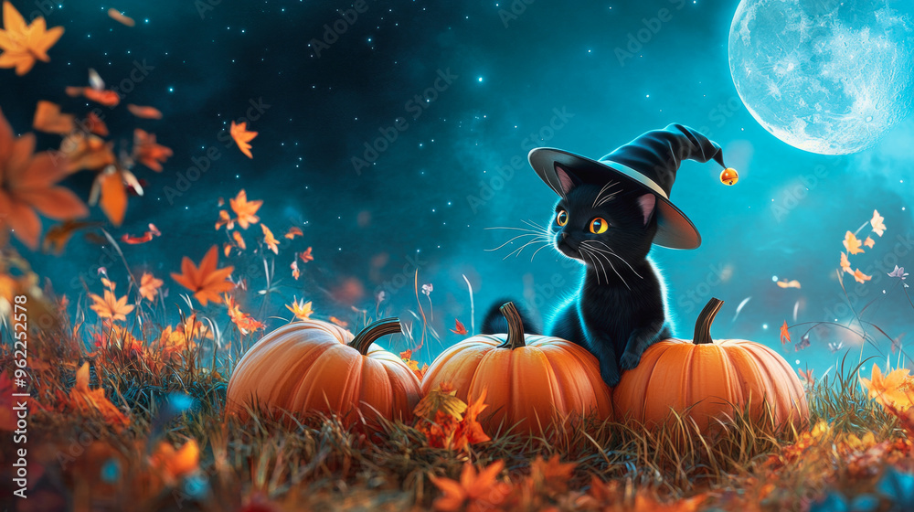 Fototapeta premium Background for Halloween cute black cat with pumpkin, in a witch's hat, autumn maple foliage. Dark blue background he style features soft colors and cartoon illustrations