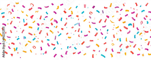 Bright colorful confetti falling on white backdrop, festive party decorations, cheerful atmosphere, vibrant ribbon streamers, holiday celebration, joyful mood, fun event, excitement and happiness 