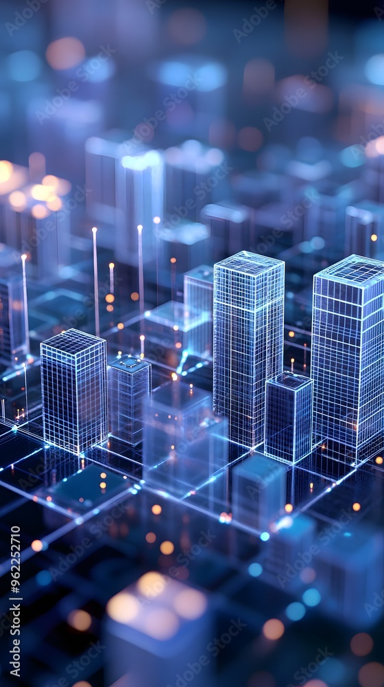 Obraz premium Digital cityscape with buildings made of glowing cubes, representing the futuristic and digital nature of smart urban development