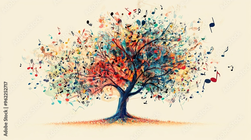 An artistic tree filled with colorful music notes, symbolizing the unity of music and nature, creating a lively and cheerful atmosphere with its vibrant display. An artistic tree filled with colorful music notes, symbolizing the unity of music and nature, creating a lively and cheerful atmosphere with its vibrant display.