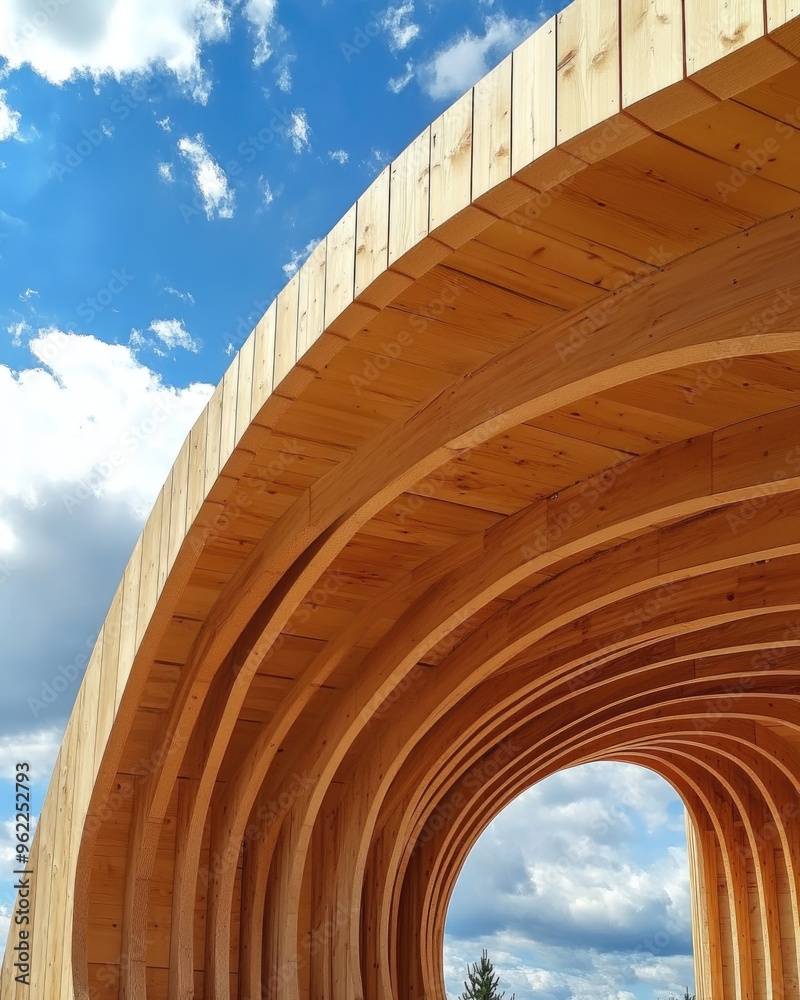 Obraz premium Curved Wood Beams. Modern Architectural Detail in Glued Laminated Timber Against Blue Sky
