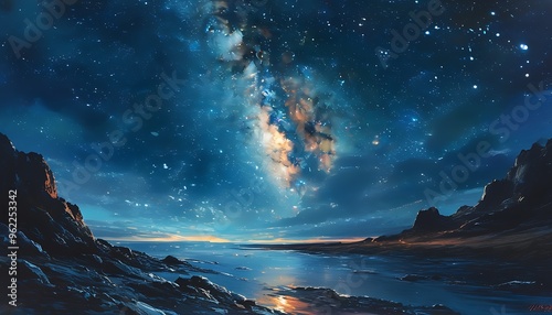 Starry night sky with a dazzling Milky Way. Explore the vast universe with its breathtaking beauty.