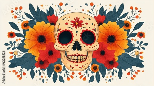 Smiling sugar skull illustration adorned with flowers, representing the celebration and honoring of life