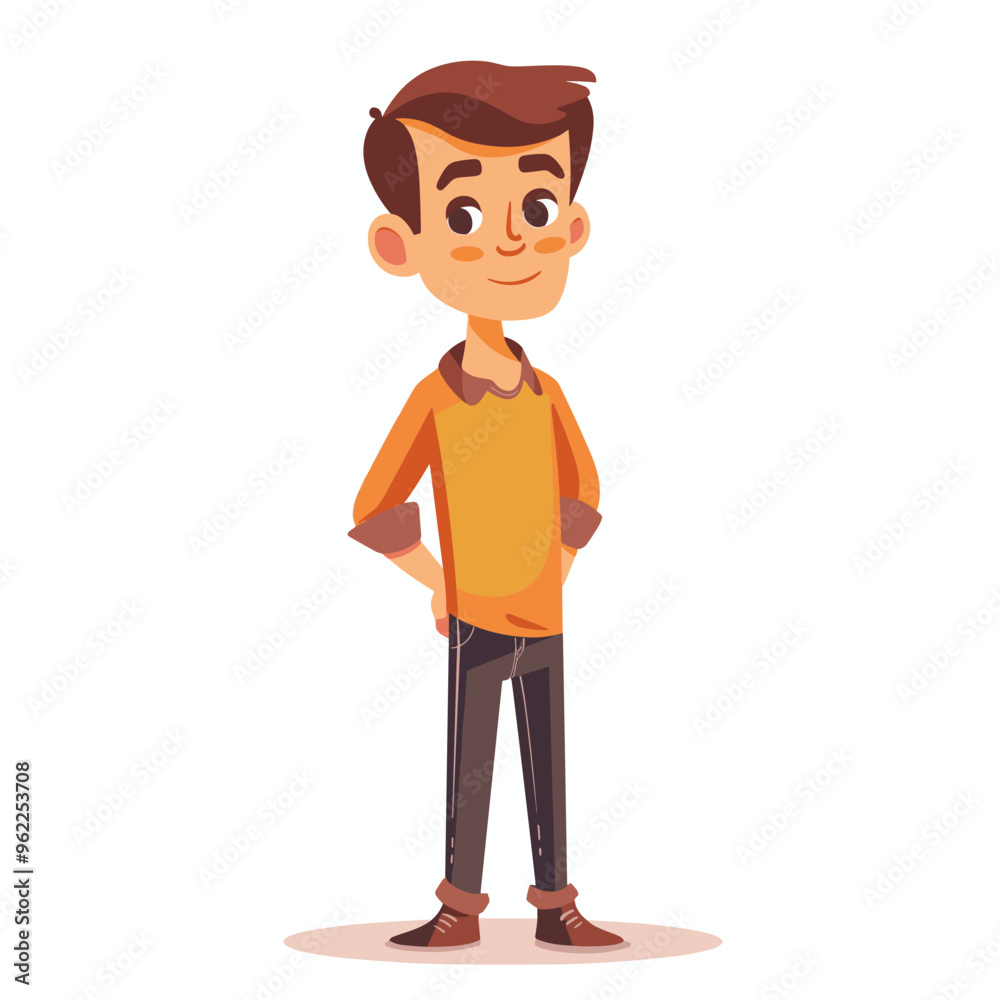 A cartoon boy is standing with his hands on his hips and smiling. He is wearing a yellow shirt and black pants A cartoon boy is standing with his hands on his hips and smiling. He is wearing a yellow shirt and black pants