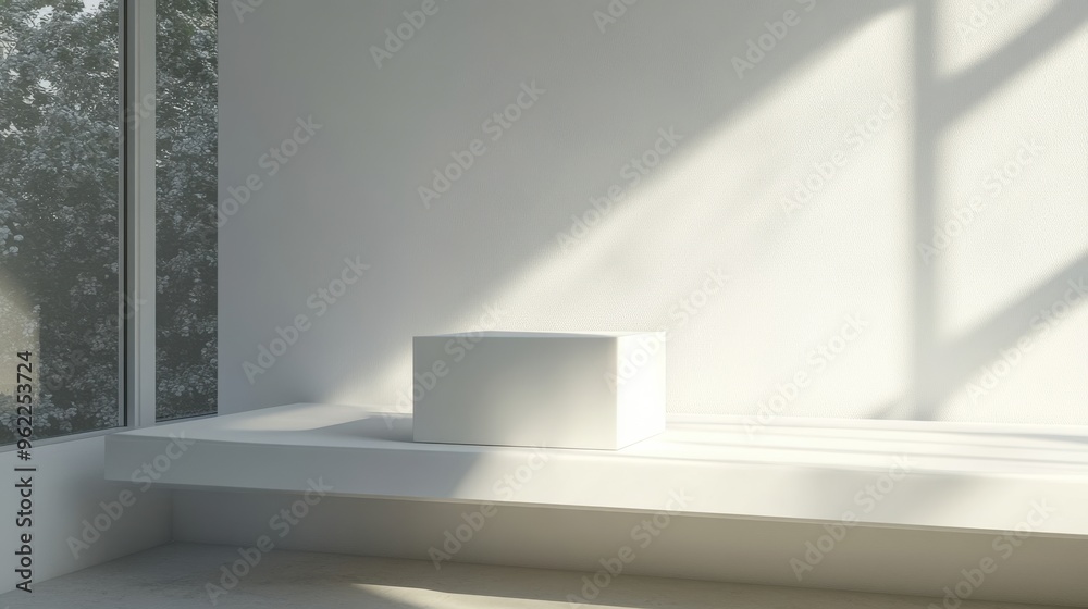 Obraz premium Mockup of a clean white box placed on a modern shelf with sunlight illuminating the room from a large window