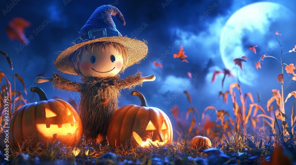 Fototapeta premium Background for Halloween cute straw scarecrow with pumpkin, in a witch's hat, corn field in autumn. Dark background he style features soft colors and cartoon illustrations