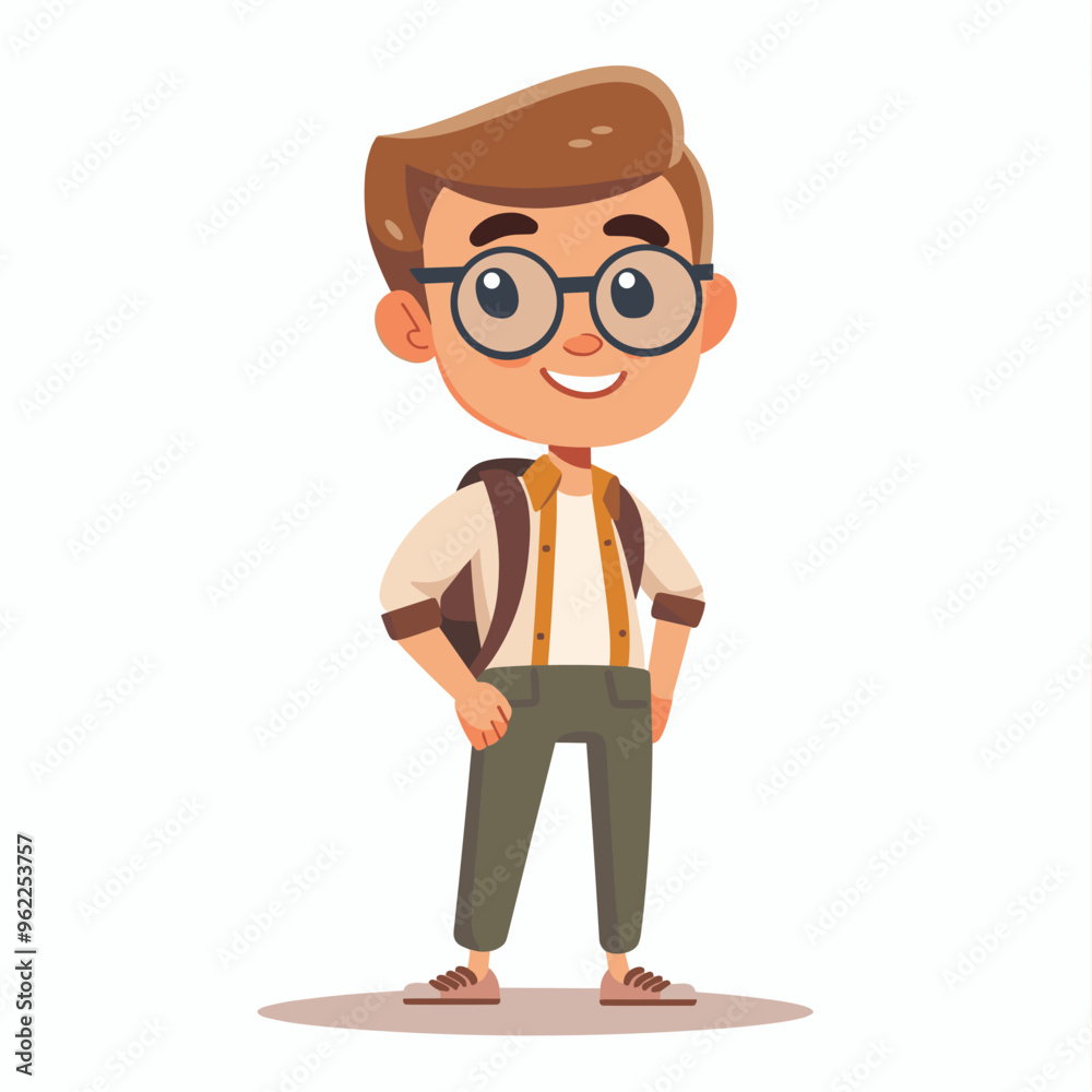 A young boy wearing glasses and a backpack stands with his arms crossed. He has a smile on his face and he is happy A young boy wearing glasses and a backpack stands with his arms crossed. He has a smile on his face and he is happy