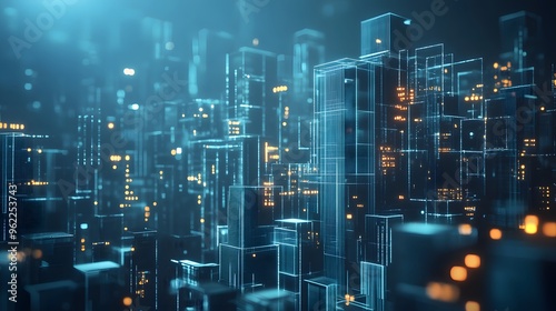 Wallpaper Mural Digital cityscape with buildings made of glowing cubes, representing the futuristic and digital nature of smart urban development Torontodigital.ca