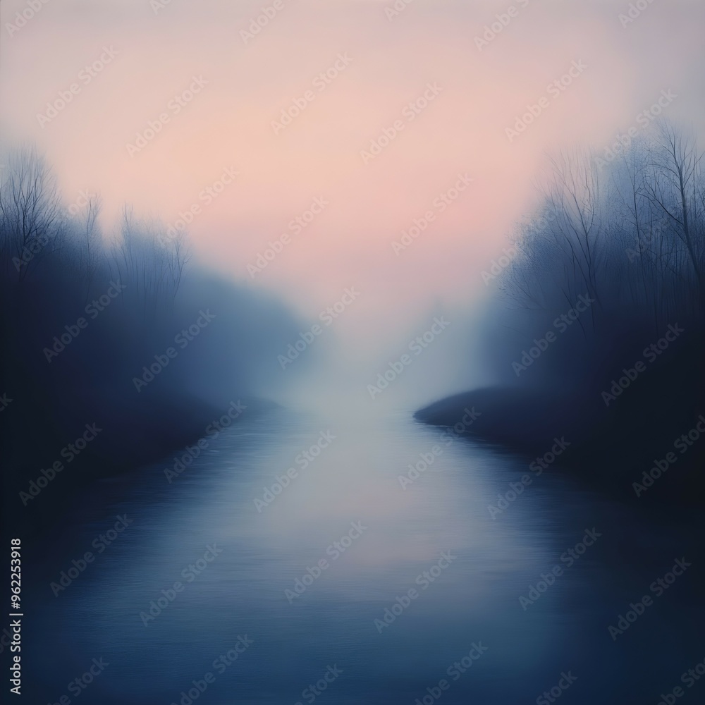 Fototapeta premium Milky waters of a foggy river at dawn.