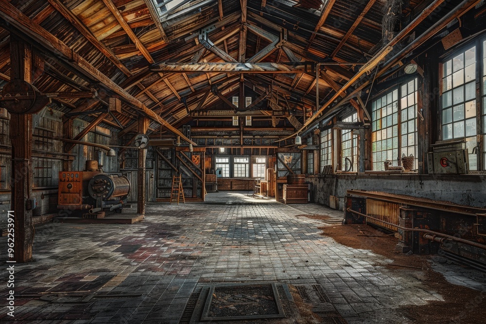 A large, empty warehouse with a lot of windows, generative ai image
