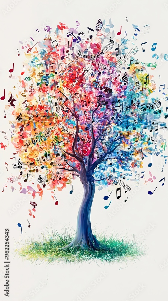 An artistic depiction of a tree composed of colorful musical notes set against a white background, symbolizing creative expression, harmony, and the symbiotic nature of art.