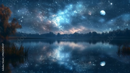 A tranquil lake at night, reflecting a starry sky and a luminous moon.