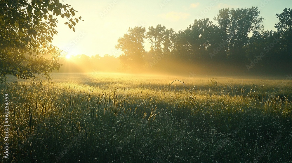 Obraz premium Through field grass and trees, sunlight filters