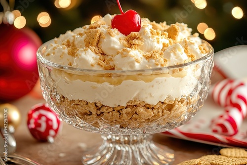Banana pudding served in a crystal bowl with crushed graham crackers and a cherry on top. photo