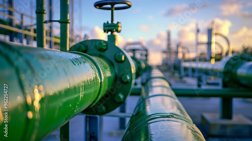Green gas pipeline with large metal pipes for natural fuel transport, energy industry concept. Pipes arranged in a park near an electrical power plant, blue sky background, shallow depth of field