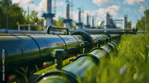 Green gas pipeline with large metal pipes for natural fuel transport, energy industry concept. Pipes arranged in a park near an electrical power plant, blue sky background, shallow depth of field