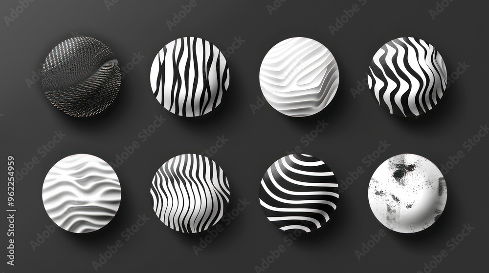 Eight abstract 3D spheres with black and white striped textures on a black background. Eight abstract 3D spheres with black and white striped textures on a black background.