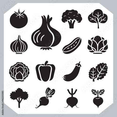 Set of vegetables black silhouette Carrot, potato, tomato, cucumber, onion, garlic, cauliflower, bell pepper, cabbage vector icon in white background.