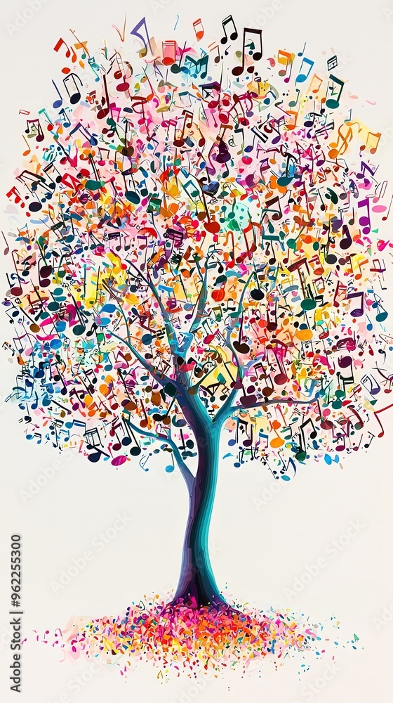 A vibrant depiction of a tree with branches and leaves created from a myriad of colorful musical notes and symbols, representing a harmonious blend of nature and music. A vibrant depiction of a tree with branches and leaves created from a myriad of colorful musical notes and symbols, representing a harmonious blend of nature and music.