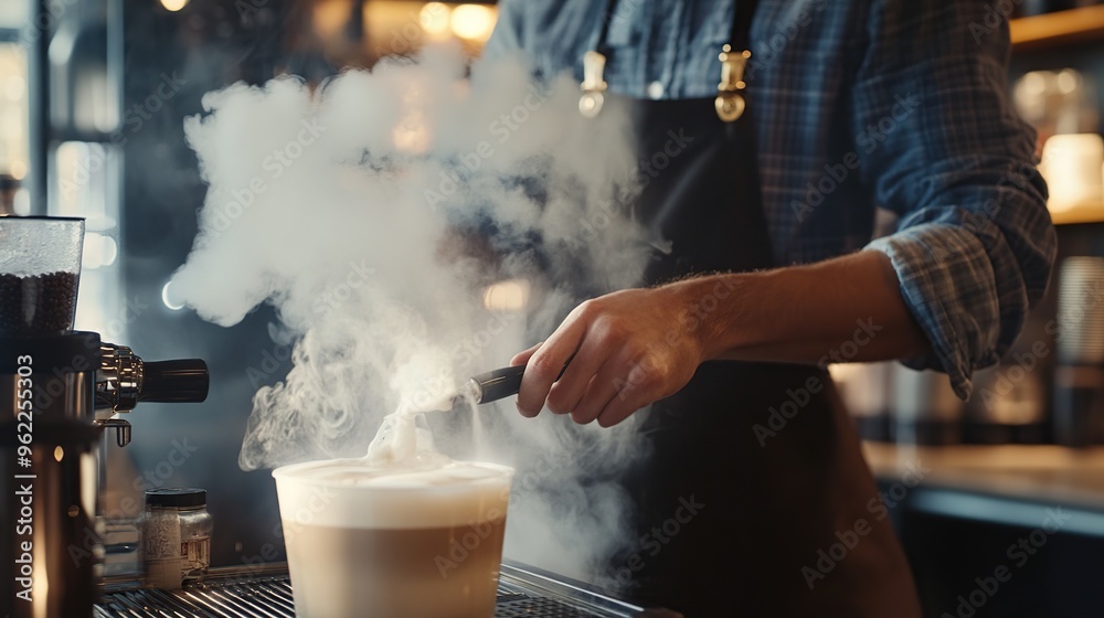 A barista steaming milk to perfection, with the espresso machine steam wand creating for a latte. A barista steaming milk to perfection, with the espresso machine steam wand creating for a latte.