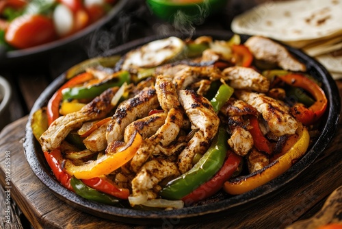 A sizzling platter of chicken fajitas with bell peppers, onions, and tortillas on the side