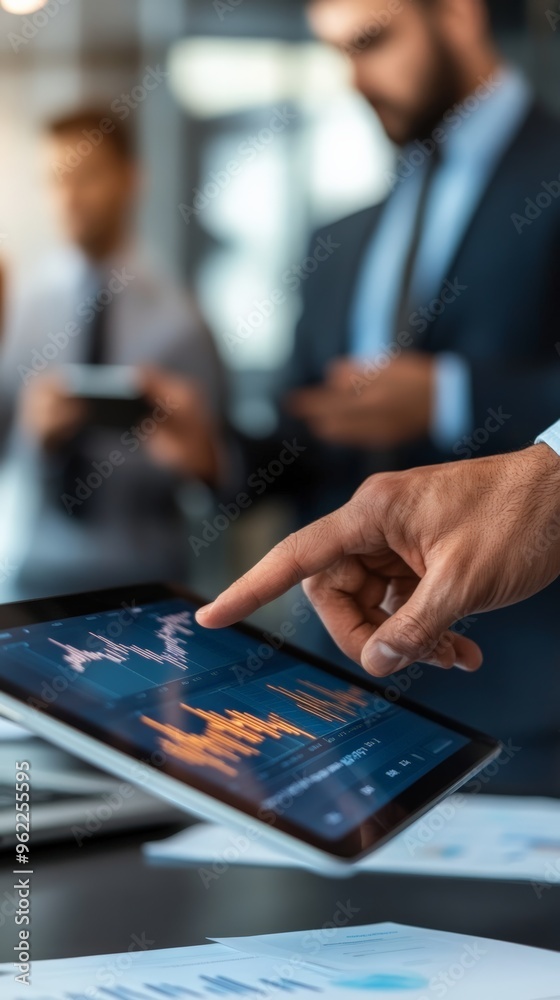Businessman using a tablet to review financial data during a corporate meeting. Digital technology and data-driven strategy concept Businessman using a tablet to review financial data during a corporate meeting. Digital technology and data-driven strategy concept