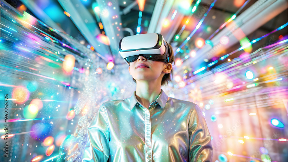 Young woman in virtual reality headset against colorful bokeh lights background Young woman in virtual reality headset against colorful bokeh lights background