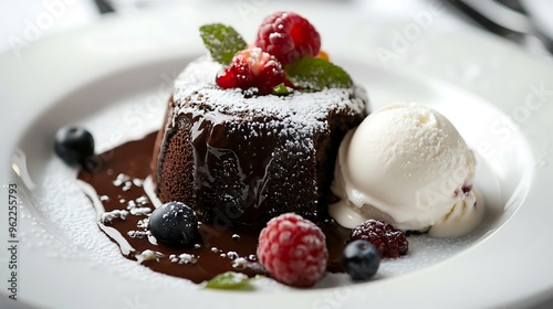 A decadent petit gÃ¢teau with a molten chocolate center, served with vanilla ice cream and garnished with fresh berries, on an elegant white plate photo