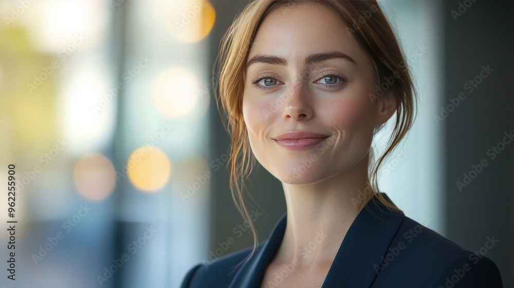 Close-up of a confident businesswoman with sharp features, wearing a professional suit and smiling at the camera Close-up of a confident businesswoman with sharp features, wearing a professional suit and smiling at the camera