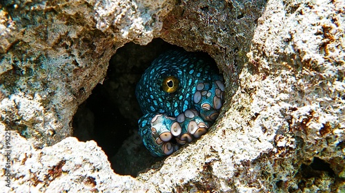   Close-up of a blue-and-white octopus in a rock hole with open eyes photo