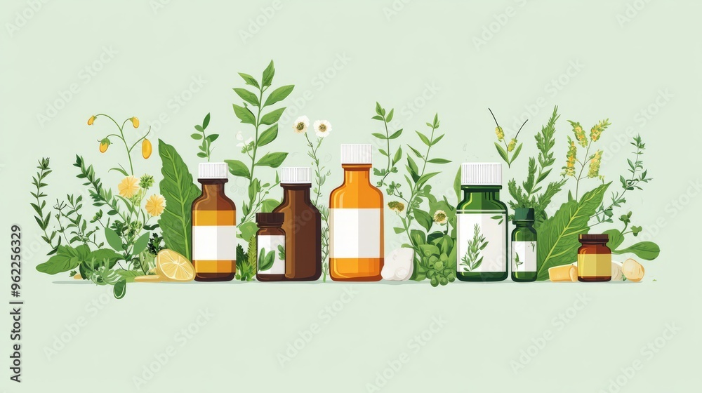 Herbal Essential Oil Bottles with Flowers and Plants Herbal Essential Oil Bottles with Flowers and Plants