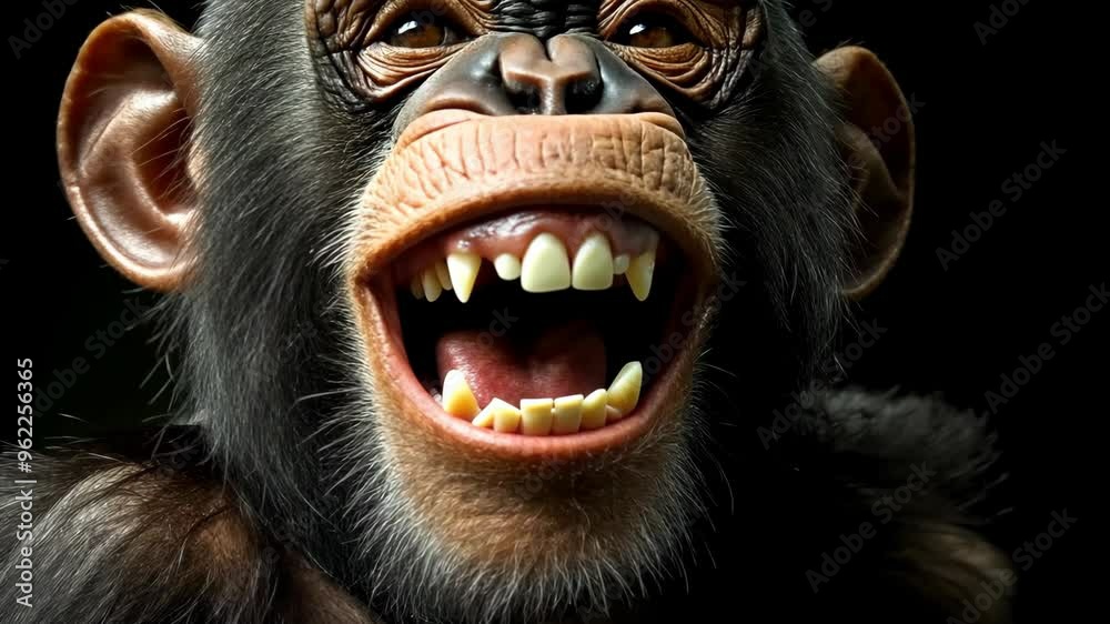 Playful chimpanzee laughing in a dark environment showcasing its joyful expression Playful chimpanzee laughing in a dark environment showcasing its joyful expression