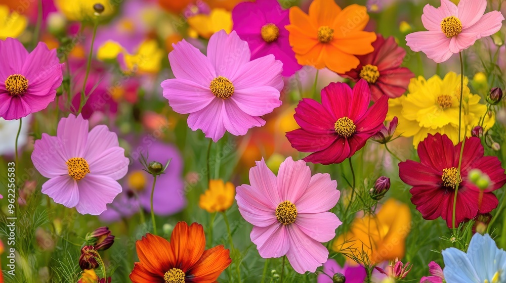 Close-up of a field of cosmos flowers in various colors, creating a lively and colorful floral scene Close-up of a field of cosmos flowers in various colors, creating a lively and colorful floral scene