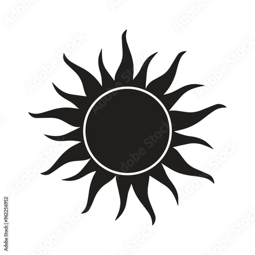 minimalist black sun icon featuring bold rays radiating outward, set against a white background. This simple yet striking design can be used in various graphic projects or logos.