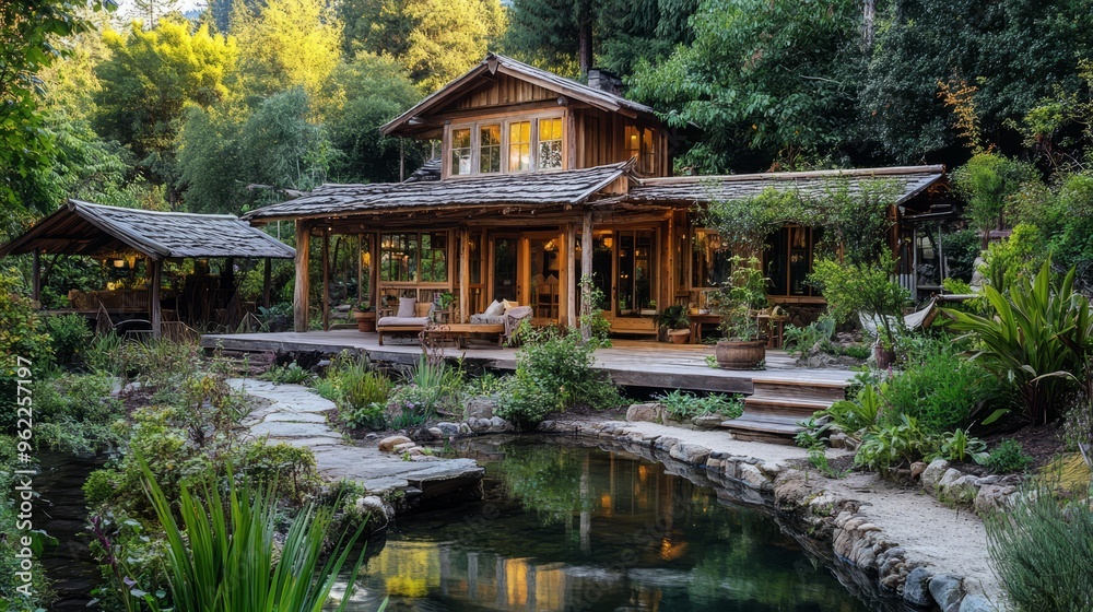 Fototapeta premium Rustic Cabin with Pond and Stone Path in Lush Forest