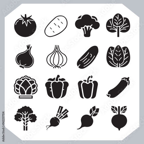 Set of vegetables black silhouette Carrot, potato, tomato, cucumber, onion, garlic, cauliflower, bell pepper, cabbage vector icon in white background.