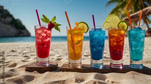 Wallpaper Mural Four tall glasses of different colored drinks on a wooden tray on a sandy beach Torontodigital.ca