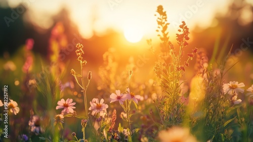 Sunset Meadow Flowers Golden Hour Nature Background