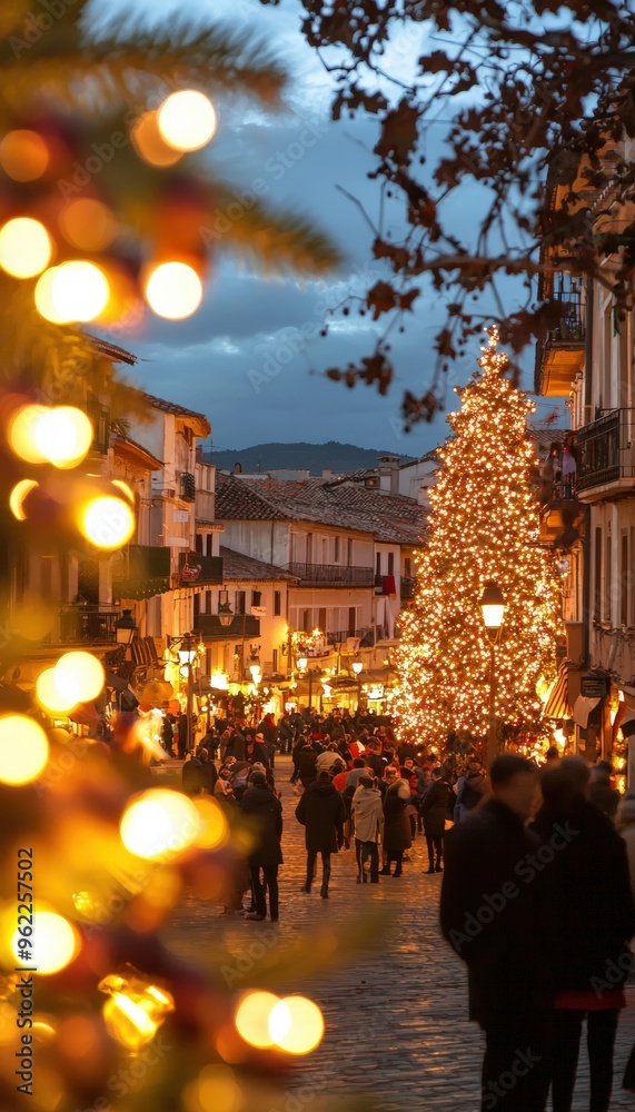 Fototapeta premium Festive Spanish Town Square with Christmas Tree and Traditional Celebrations