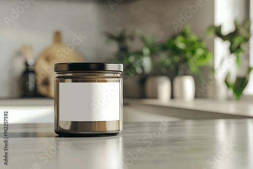 Glass jar with blank label on kitchen counter, ready for product label design, Mockup Template.
