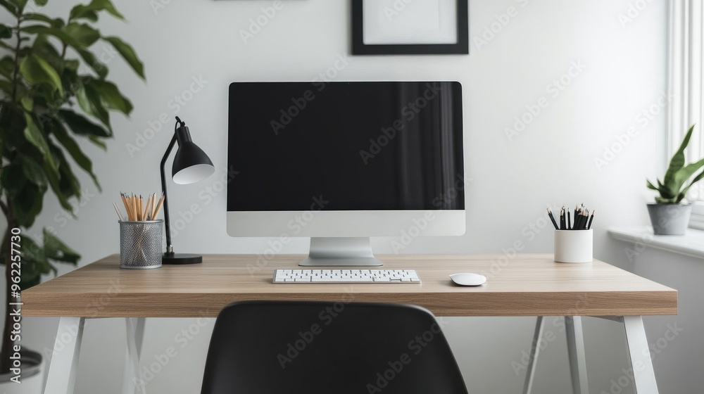 Close-up of a minimalist home office with a sleek desk, ergonomic chair, and minimalistic decor, focusing on a clean workspace Close-up of a minimalist home office with a sleek desk, ergonomic chair, and minimalistic decor, focusing on a clean workspace